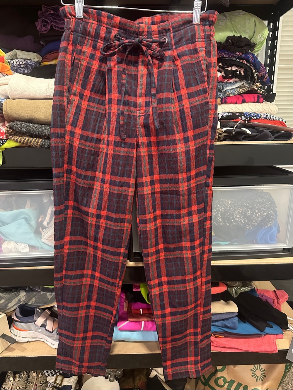 Free People Red and Black Plaid pants size 0 cinched waist boho